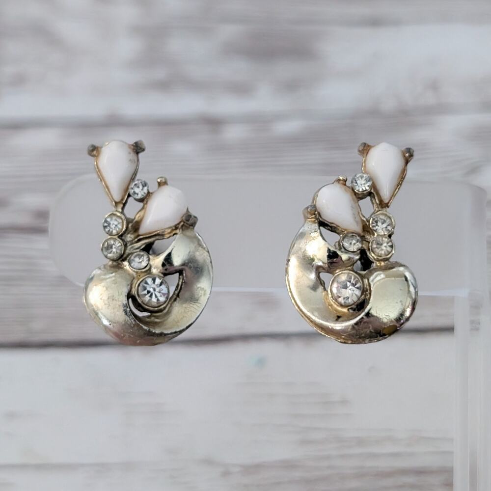 Vintage Screw On Earrings Gold Tone, Clear & White - Condition Issues